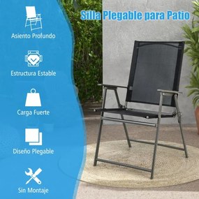 Conjunto de 2 cadeiras de jardim dobráveis com encosto alto Cadeira de jardim exterior portátil em metal de tecido resistente Pretas