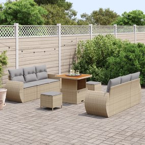 Conjunto de Sofá de Jardim de 9 Peças com Almofadas Bejes Rattan Polié