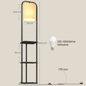 Candeeiro de pé com 3 prateleiras 29,9 x 31,8 x 160,5 cm, equipado com uma lâmpada LED e interruptor de pé, preto