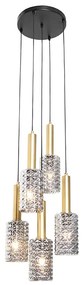 Candeeiro de suspensão dourado com vidro fumê redondo 5-luzes - Elva Art Deco