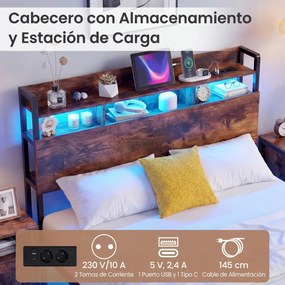 Estrutura de cama 200 x 140 cm (COLCHÃO NÃO INCLUIDO) com LED e plataforma de carga industrial em metal, com cabeceira com espaço de arrumação e ripas