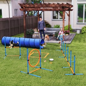Conjunto de agilidade para cães  350 x 68 x 70 cm de 8 peças com túnel, slaloms, obstáculos ajustáveis e saco de transporte laranja, azul