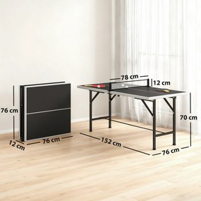 Mini Mesa de Ping Pong Dobrável 152x76 cm para Exterior com Rede 2 Raquetes e 3 Bolas Fácil de Transportar Preto