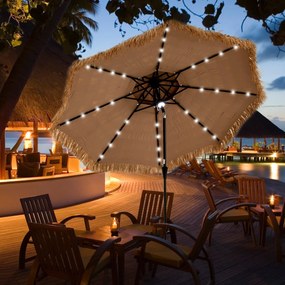 Guarda-sol de 313 cm com luzes LED Estilo havaiano Cabo basculante Palha PE Natural + Preto