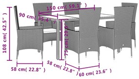 7 pcs conjunto de jantar p/ jardim com almofadões vime PE bege