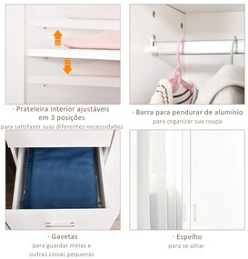 Armário Roupeiro de 2 Portas com Espelho 3 Gavetas Prateleiras Ajustáveis e Barra para Pendurar Incluida Roupeiro para Dormitório 80x50x180cm Branco