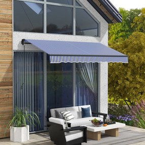 Toldo manual retrátil para varanda 295 L x 247 L cm, com inclinação ajustável, manivela, estrutura em alumínio e tecido de poliéster azul e branco