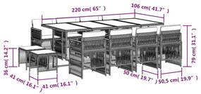 13 pcs conjunto jantar p/ jardim c/ almofadões vime PE cinzento