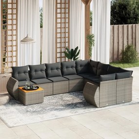 10 pcs conjunto sofás de jardim c/ almofadões vime PE cinzento