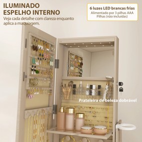 Espelho de Pé Giratório 360° com Espelho com Interior Iluminado Organizador de Jóias com Prateleiras e Gavetas 56x56x164 cm Madeira