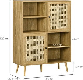 Aparador com armário alto com acabamento em imitação de madeira e design em vime, com 2 portas - dim. 90 x 32,5 x 120 cm