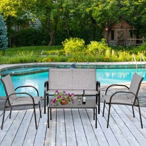 Conjunto Jardim de Mesa de Centro, 2 Cadeiras, Banco e Mesa de Centro de Jardim em Ferro e Malha para Terraço Exterior Cinzento