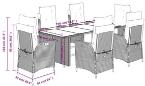 7 pcs conjunto de jantar p/ jardim com almofadões vime PE bege