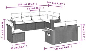 8 pcs conjunto sofás de jardim c/ almofadões vime PE cinzento