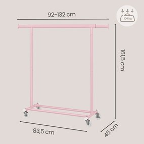 Charriot guarda roupa aberto com rodas 45 x (92-132) x 161,5 cm (P x L x A), barra extensível para roupa Rosa