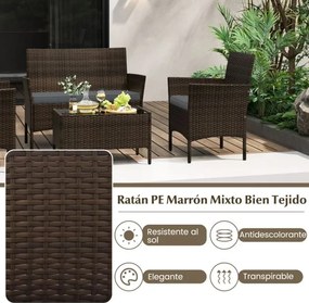 Conjunto de jardim, 4 peças: mobiliário de exterior com cadeira, sofá de 2 lugares e mesa de vidro temperado Castanho misto e almofadas Cinzentas