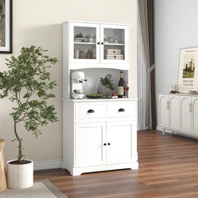 Armário de cozinha com portas de vidro temperado Estantes e gavetas ajustáveis Branco
