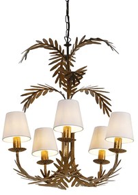 Candeeiro de teto dourado com abajures de linho branco 5 luzes - Botanica Rústico