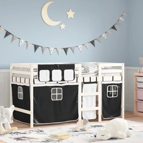 vidaXL Cama alta criança c/ cortina 90x190cm pinho maciço branco/preto