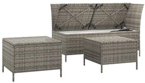 3 pcs conjunto lounge de jardim c/ almofadões vime PE cinzento