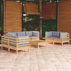 vidaXL 8 pcs conj. lounge jardim c/ almofadões cinzentos pinho maciço