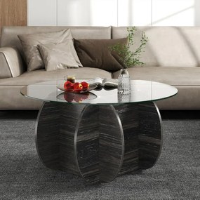 Mesa de Centro Redonda 89 x 89 x 46 cm Moderna com Tampo de Vidro Temperado e Base de Madeira Maciça Cor Carvalho Rústico Escuro