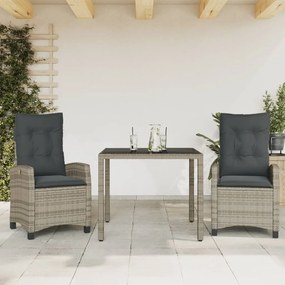 3 pcs conjunto de jantar p/ jardim c/ almofadões vime PE cinza
