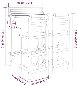 3 pcs conjunto de bar para varanda madeira de acácia maciça