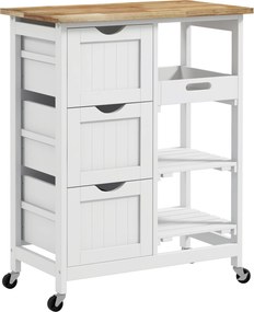 HOMCOM Carrinho de Cozinha com Rodas Carrinho de Serviço com 3 Gavetas 2 Prateleiras Abertas e Bandeja 67x37x85,5 cm Branco | Aosom Portugal