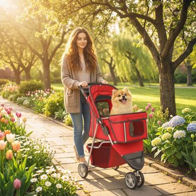 Carrinho para cães com 4 rodas, carrinho dobrável com capota ajustável, cesto de arrumação, 77 x 44 x 102 cm, vermelho