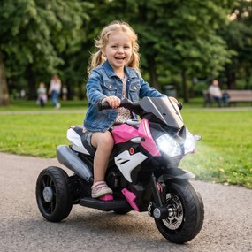 Mota Elétrica Infantil 6V de 3 Rodas com Pedal, Farol LED, Música e Buzina para Crianças de 3 a 5 Anos, Rosa