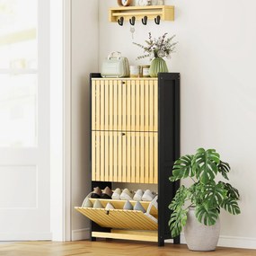 Sapateira com capacidade para 18 pares, com 3 gavetas rebatíveis, portas de bambu com ripas, 60 x 24 x 118 cm, preto e madeira natural