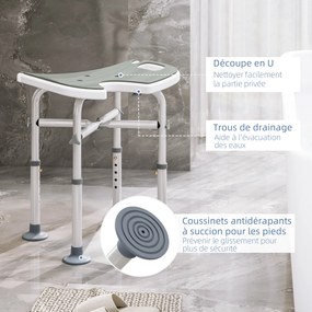 Banco de duche com assento, altura ajustável de 39 a 51,5 cm, barra de apoio com ventosas e patins com ventosas, cinzento