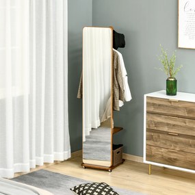 Espelho de pé com rodas 40 (L) x 44,5 (P) x 170 (A) cm com Cabide 4 ganchos e prateleira em MDF com acabamento em cor nogueira