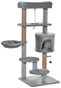 PawHut Árvore Arranhador para Gatos com Plataforma Caverna Rede postes de Juta Corda e Bola Suspensa 48x48x120 cm Cinza