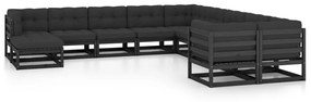 vidaXL 11 pcs conjunto longue jardim c/ almofadões pinho maciço preto
