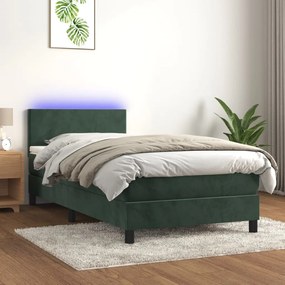 Cama box spring c/ colchão/LED 100x200 cm veludo verde-escuro
