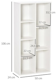 Estante para Livros de Madeira com 7 Compartimentos de Armazenamento para Sala de Estar Dormitório Escritório 50x24x106cm Branco