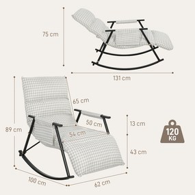 Poltrona Baloiço com Encosto e Apoia-Pés Ajustáveis 105° Estofada em Linho com Bolso Lateral Cinzento e Branco