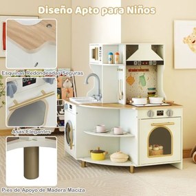 Cozinha de brincar para crianças de canto em madeira 62 x 62 x 80 cm com torneira e lava-louças funcionais Micro-ondas e máquina de lavar louça bege