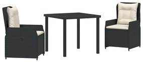Conjunto de Jantar de Jardim em 3 Peças Preto em Rattan Sintético