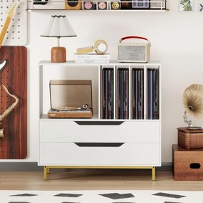 Suporte para gira-discos e para discos de vinil 91 x 36 x 87 cm com compartimento aberto 4 prateleiras e 2 gavetas e pés de metal branco