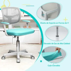 Cadeira de secretária ergonómica para crianças com rodas Cadeira giratória para computador Apoio lombar ajustável em altura Turquesa