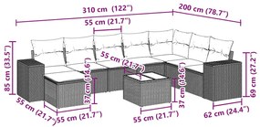 9 pcs conj. sofás jardim com almofadões vime PE cinzento-claro