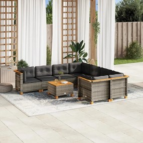 9 pcs conjunto sofás p/ jardim com almofadões vime PE cinzento