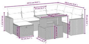 8 pcs conjunto sofás de jardim c/ almofadões vime PE cinzento
