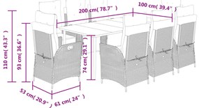 9 pcs conjunto de jantar p/ jardim c/ almofadões vime PE preto