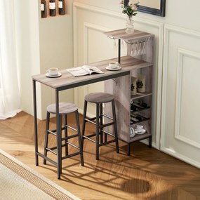 Conjunto de Mesa de Bar e 2 Bancos, 121,5 x 40 x 122 cm, Arrumação para Garrafas de Vinho, Castanho acinzento