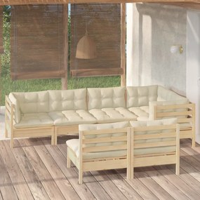 vidaXL 7 pcs conjunto lounge jardim c/ almofadões creme pinho maciço