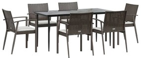 7 pcs conjunto de jantar p/ jardim c/ almofadões vime PE e aço